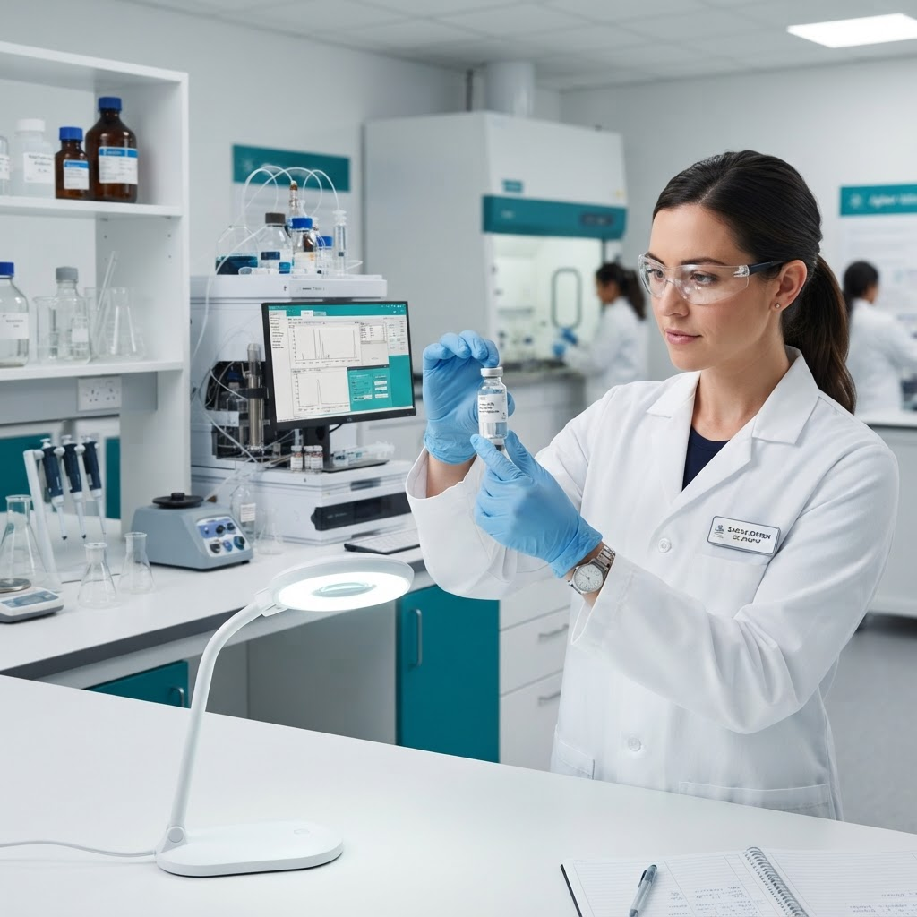 Salus Pharmaceuticals quality control laboratory inspecting an oncology injectable